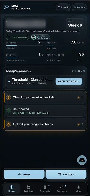 Dual Performance portal, home screen